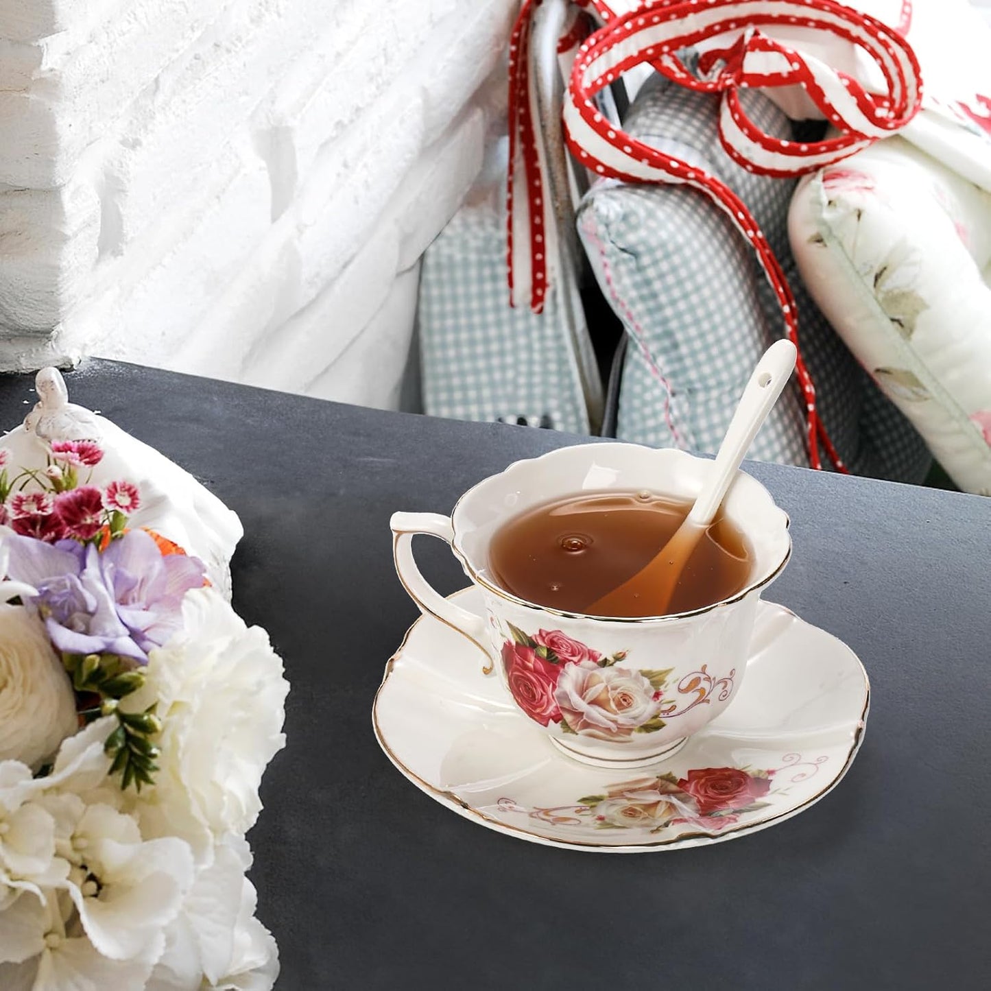 Foraineam Tea Cup and Saucer Set of 6, Porcelain Ivory Rose Tea Cups with Saucers and Spoons, 6 oz Floral Coffee Cup Set with Gold Trim, Latte Cups and Espresso Mug for Tea, Latte and Coffee Drinks