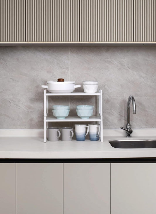 Nxconsu 2Pack Cabinet Shelves Stackable Shelf Organizer Rack Riser for Kitchen Cabinet Pantry Cupboard Counter Countertop Home Organization Storage Space Saver Heavy Duty Metal Nonslip White Wide