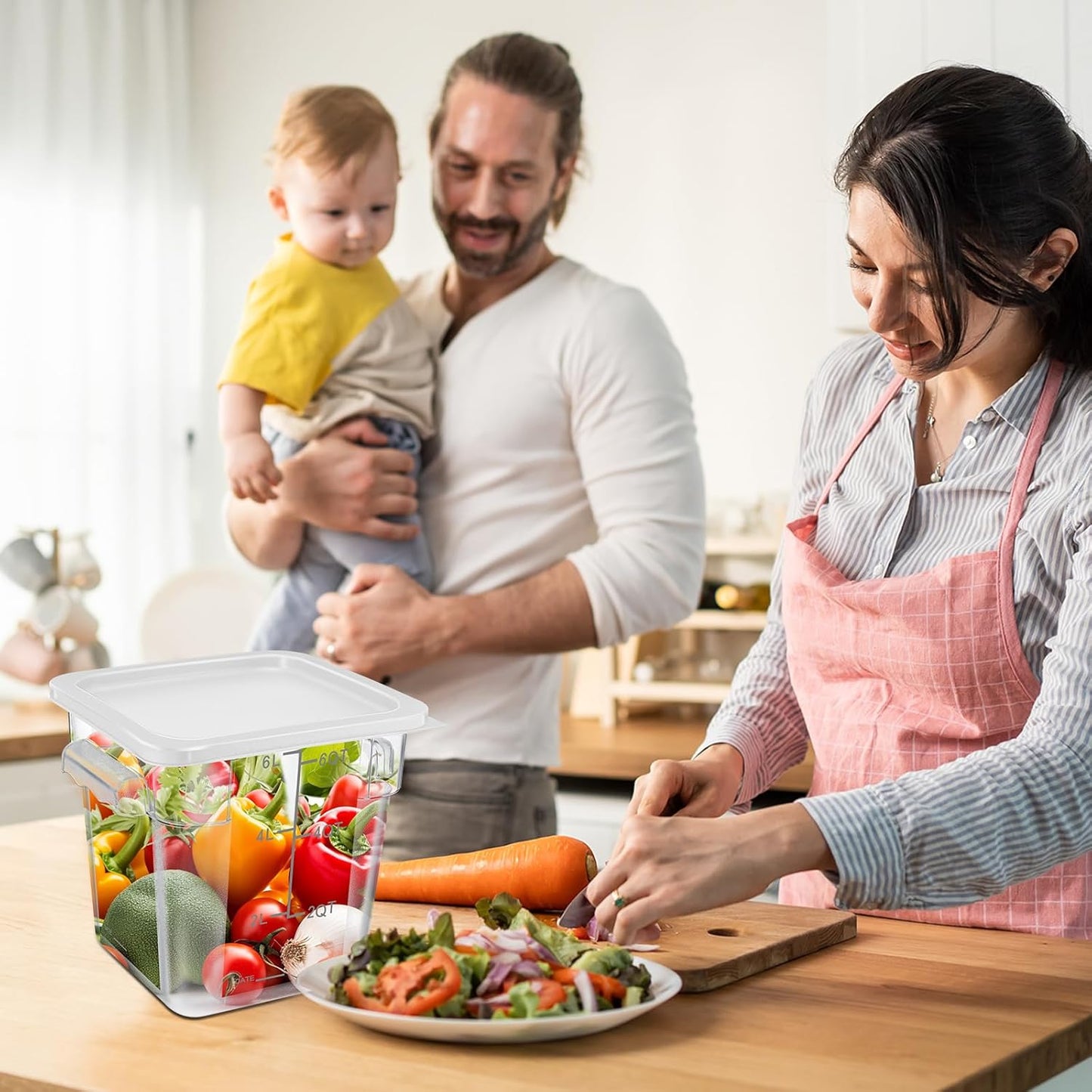 Suclain 8 Pack 4 QT and 6 QT Food Storage Containers with Lids Scales Handles Square Clear Restaurant Food Storage Containers Polycarbonate Commercial Grade for Kitchen Marinating Meat Dough(White)