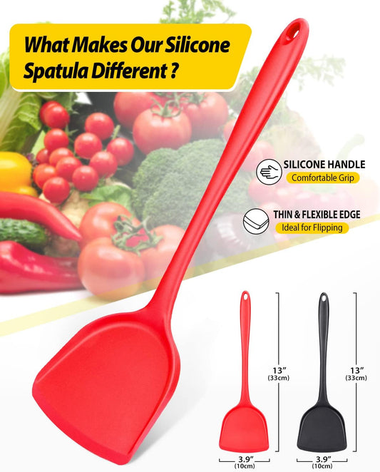Pack of 2 Silicone Wok Spatula, Non-Stick, Heat Resistant, Easy to Clean and Dishwasher Safe, Seamless Kitchen Utensil for Cooking, Baking, Stir-Fry (Black-Red)