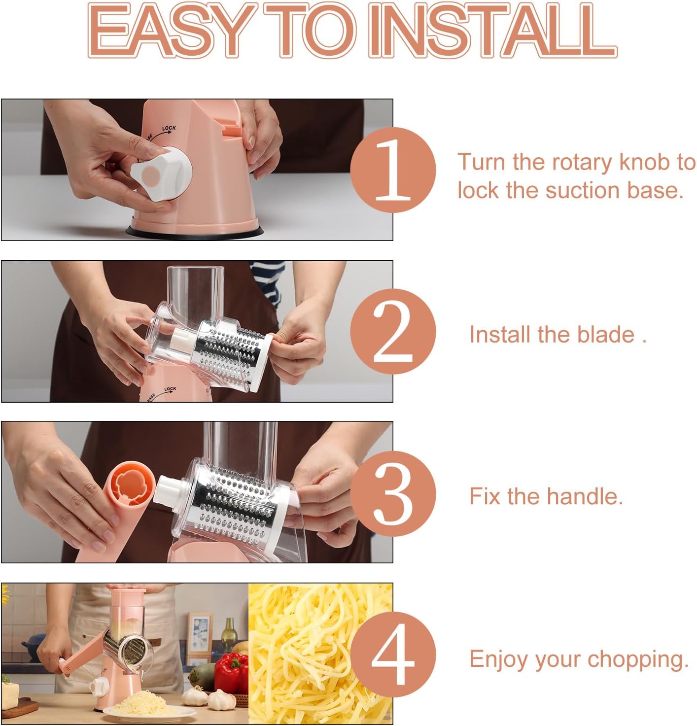 Ourokhome Rotary Cheese Grater Hand Crank, Kitchen Shredder Speed Mandolin Slicer Nuts Grinder with Handle and Drum Blades for Cheese, Vegetable, Walnuts, Chocolate, Potato, Carrot, 3 Blades, Pink