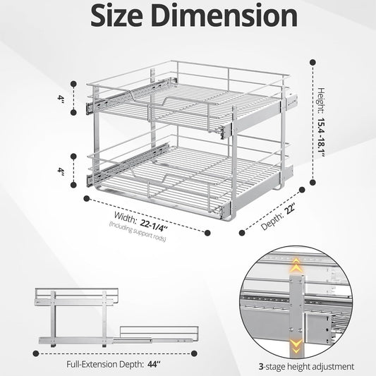 ZOINLIY Pull Out Cabinet Organizer, Versatile Slide Out Kitchen Organizers and Storage,Heavy Duty Drawer Cupboard Storage Basket, Smooth Sliding, Chrome Finish (2-Tiers-22¼''W×22“D)