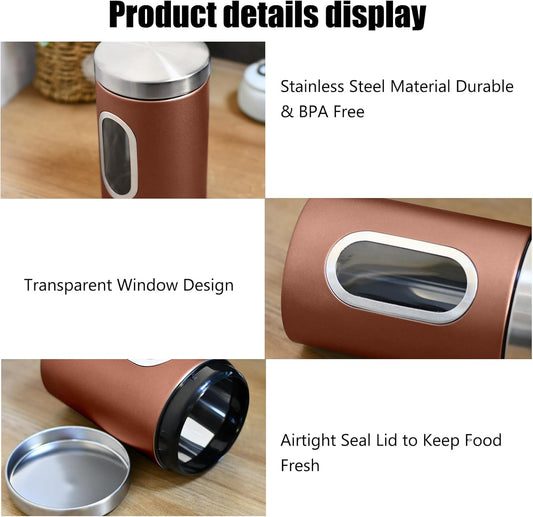 Canisters Sets for the Kitchen, 3pcs Sugar Flour Tea Coffee Storage Jars Stainless Steel Food Container Organizer for Kitchen Counter with Transparent Window (bronzy)
