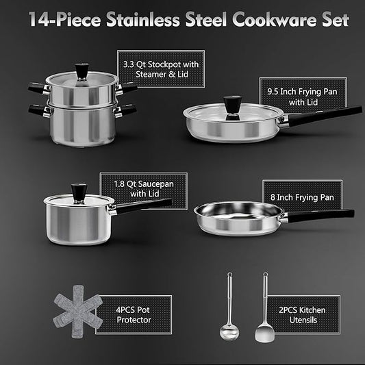 14-Piece Stainless Steel Pots and Pans Set, Cookware Set with Stay-Cool Handle, kitchen Cooking Pots and Pans Compatible with All Stovetops (Gas, Electric & Induction), Dishwasher Safe