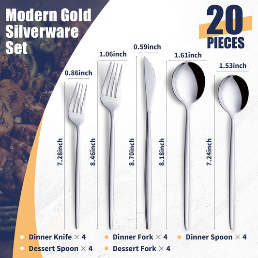 20 Piece Silverware Set,Stainless Steel Flatware Cutlery Set Service for 4 Including Forks Spoons Knives,Kitchen Utensil Set,Tableware for Home and Restaurant, Dishwasher Safe