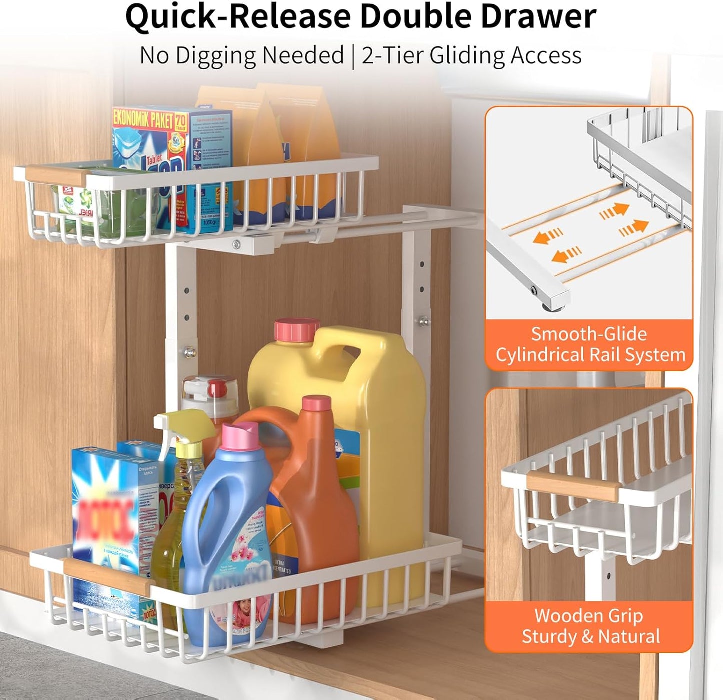 Under Sink Organizer, 2 Pack Under Sink Organizers and Storage, 2-Tier Pull Out Under Cabinet Organizer Storage Shelf, Metal Frame, Height Adjustable Rack for Bathroom Kitchen Pantry