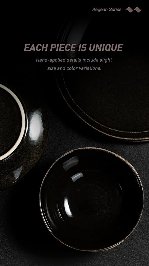 Famiware Aegean Stoneware Dinnerware Set for 8, Plates and Bowls Sets, 24 Pieces Scratch Resistant Dinner Set, Handmade Irregular Round Dishes - Microwave and Dishwasher Safe, Black Coffee