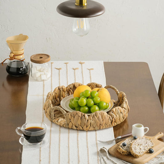 Round Wicker Scalloped Serving Tray with Handles - Seagrass Handwoven Trays,Water Hyacinth Tray for Home Decor and Living Room, Dining Table, Bathroom Organizing, 12.9" L x 12.9" W x 3.5" H