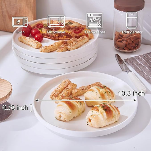 AntoKueh White Ceramic Flat Dinner Plates Set of 6, 10.3 Inch High Edge Porcelain Plates, Large Dish Set for Pizza, Steak, Dishwasher/Microwave safe