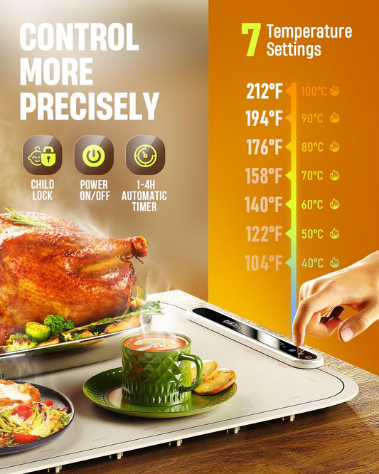 Warming Mat for Food, VEPOKA Food Warmer Mat for Countertop, Electric Warming Tray with 7 Temp Levels & Auto Shut-Off, Food Warmers for Parties, Ideal Gift for Kitchen & Buffet Use