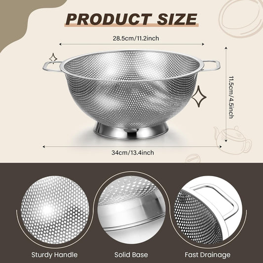Norme 5 Quart Stainless Steel Silver Colander and 3 Pcs Silver Fine Mesh Strainer, Stainless Steel Pasta Rice Food Metal Strainer with Handles, Easy Clean and Dishwasher Safe