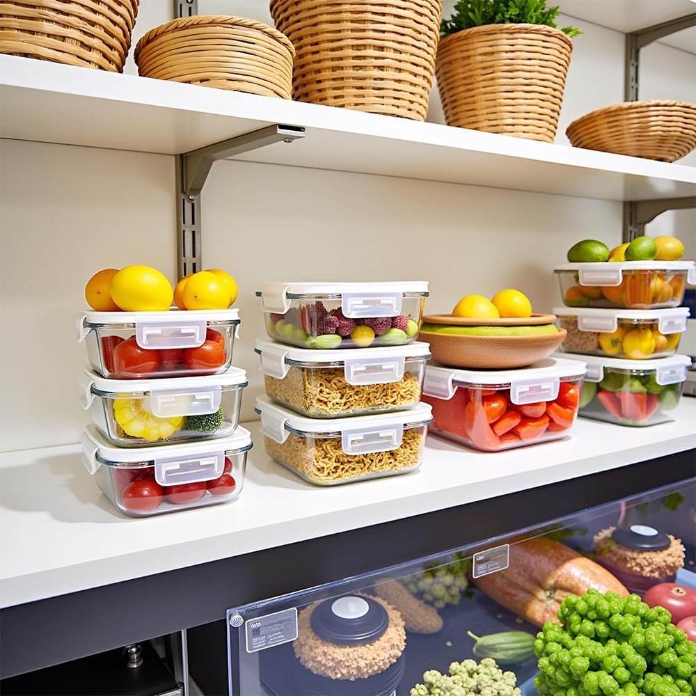 Square Glass Food Storage Containers, Small Square Storage Containers With Airtight Lids, 2Cup Glass Meal Prep Bowls, Leak-proof lunch Bowls, Dishwasher Microwave Freezer Safe -(White)