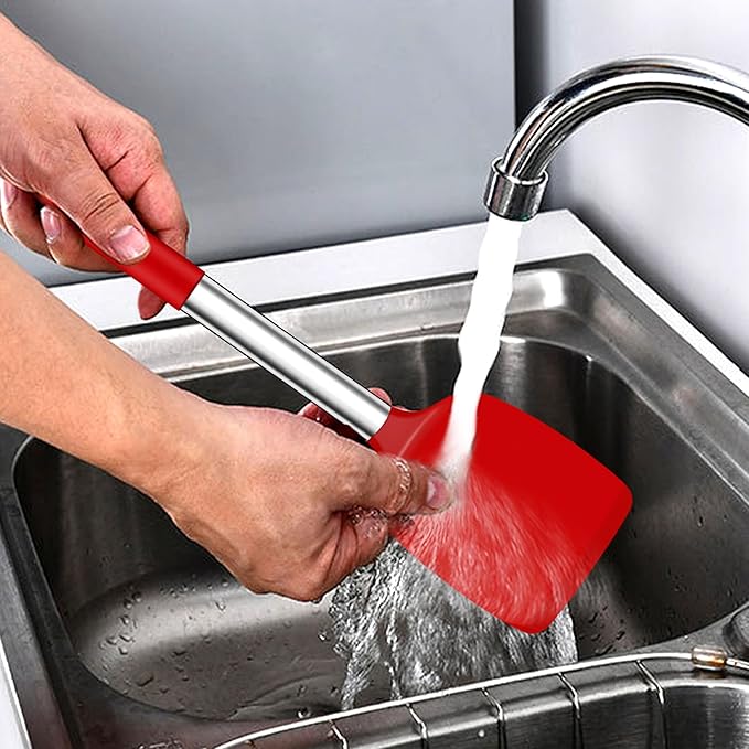 LIANYU Kitchen Cooking Utensils Set of 4, Silicone Turner Spatula Spoon Set for Non-stick Cookware, Heat Resistant & Non-toxic, Dishwasher Safe, Red