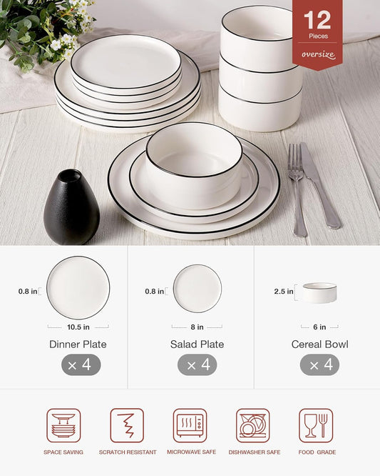 Famiware Porcelain Dinnerware Set, 12-Piece Modern Plate and Bowl Set, Dish Set for 4, Microwave and Dishwasher Safe Tableware, White with Black Trim