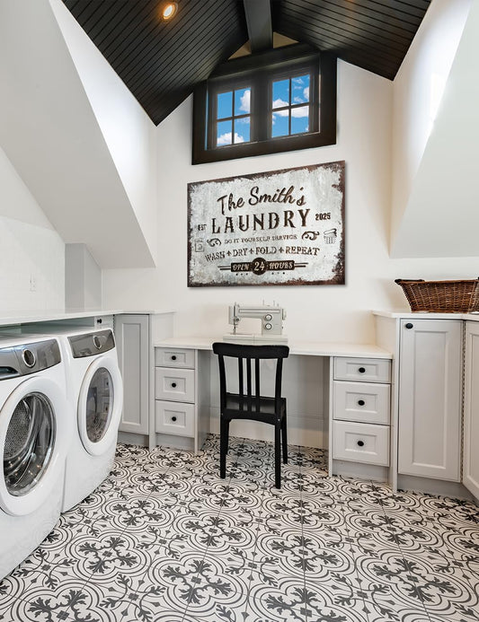 IPIC - Personalized Laundry Room Sign, Large Custom Canvas Wall Art with Family Name, Rustic Farmhouse Style Decor Gift for Home or Business, Made in USA