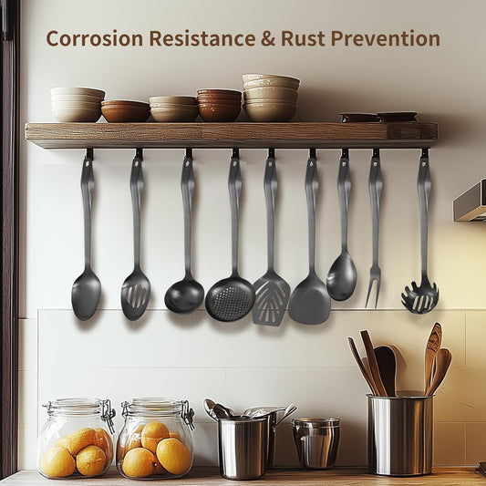 304 Stainless Steel Kitchen Utensil Set - 9pcs Cooking Utensils, Metal Kitchen Utensil Spatula Sets Cookware,High temperature resistance Kitchen Tool Set for Hanging Dishwasher Safe(Black)