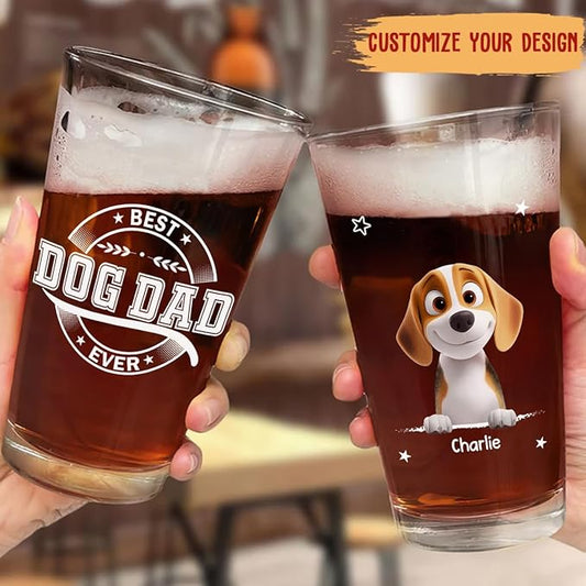 Wrappiness Best Mom Dad Logo Personalized Custom Beer Glass - 16oz Glassware for Beer Soda Cocktails - Gift for Dog Lovers, Father's Day, Birthday Gift for Parents (B01, 2 Dogs)