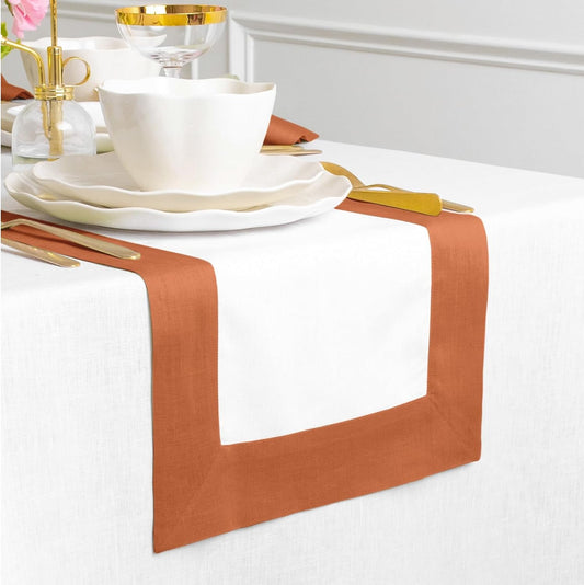 Solino Home Linen Table Runner 120 Inches Long - 100% Pure Linen Cinnamon and White Dining Table Runner 14 x 120 Inch - Contempo - Fall, Autumn, Halloween, Thanksgiving