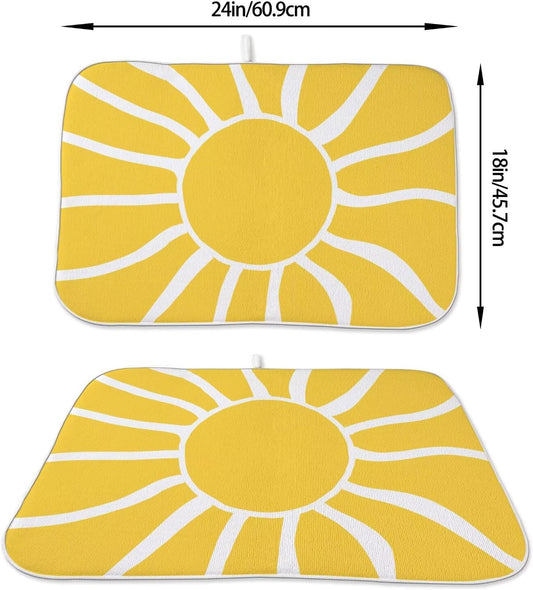 Summer Dish Drying Mat 18 x 24 inch, Yellow Sunshine Decorative Decorative Drying Mats Microfiber Absorbent Dish Washable Draining Mat for Kitchen Counter Decor