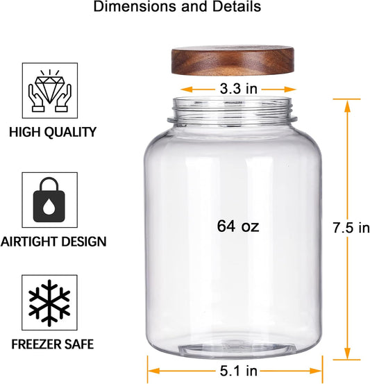 64 Fluid Ounces Unbreakable & Dishwasher Safe Plastic Apothecary Jar with Wooden Airtight Screw Top Lid, 0.5 Gallon Food Storage Canister for Sugar, Coffee, Cookie, Cereal, Flour Containers