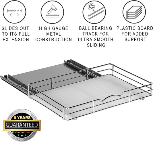 Pull Out Cabinet Organizer for Spices, Cans - Heavy Duty with Lifetime Limited Warranty- Pull Out Spice Rack- Cabinet Pull Out Shelf for Cans,Dishes, Etc, 16-3/8"Wx 10-1/2"D x 2-3/4” H, Chrome