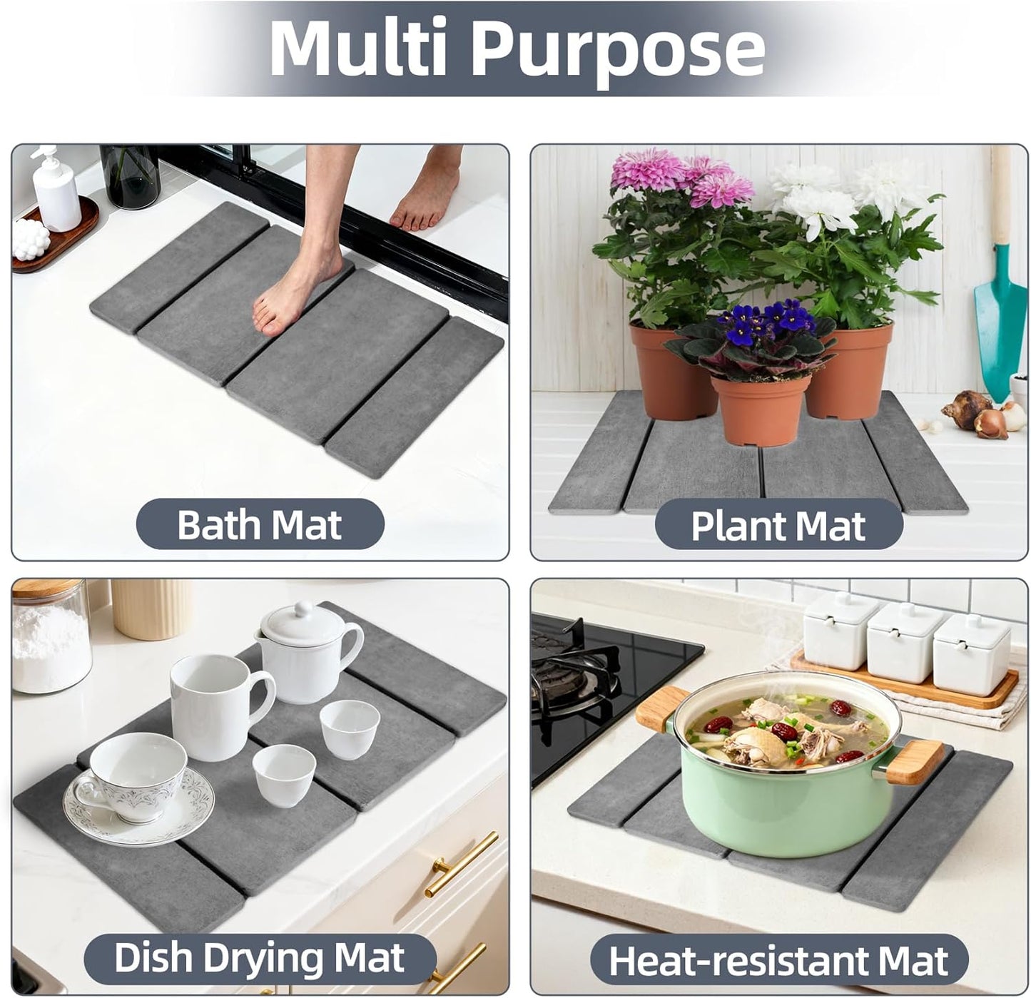 Stone Dish Drying Mat for Kitchen Counter,24x16 Collapsible Diatomaceous Earth Mats, Quick Drying Absorbent Dish Mat,Non-Slip Countertop & Bath Mat for Dishes Cups Bottles,Dark Gray