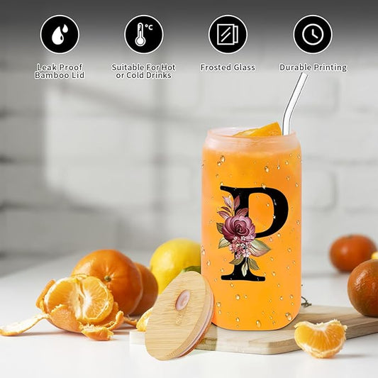 Monogrammed Glass Drinking Cup With Lid Straw Women Teacher Coworker Assistant Principal Christmas Gift Paraprofessional Administrative Professional It Hr Admin Day French Nursing Spanish Swim Latin,P