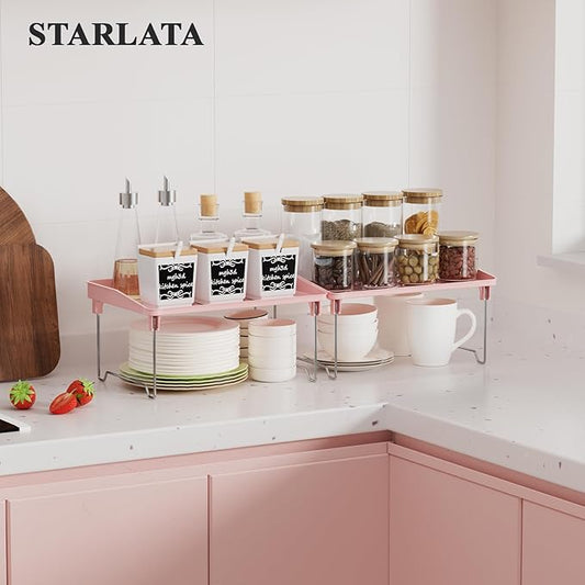 2 Pcs Cabinet Organizer Shelf,Stackable Kitchen Counter Shelves, Spice Rack,Countertop Organizers,Pink Plastic Storage Shelves Rack for Makeup,Bathroom, Cupboard,Desk,Pantry Organization
