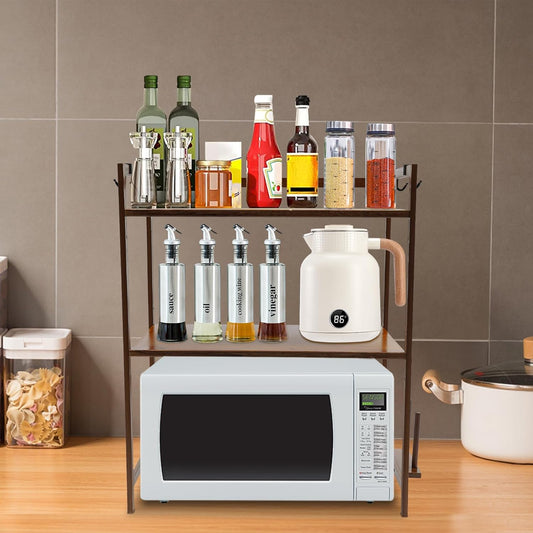 Shelves Organizers for Kitchen,2-Tier Bamboo Kitchen Countertop Organizer Shelves with 4 Hooks,Kitchen Storage Rack Countertop,Spice Rack Organizer,Bathroom Countertop Organizers and Storage,Tawny