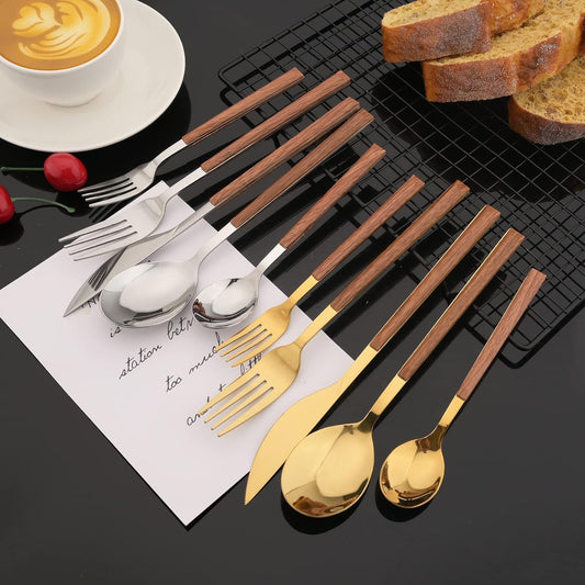 JASHII Wood Handle Flatware Set, 20 Pieces Stainless Steel Silverware Cutlery Set, Mirror Polished, Square Knife Fork Spoon Set, Dishwasher Safe - Korean Style Silver