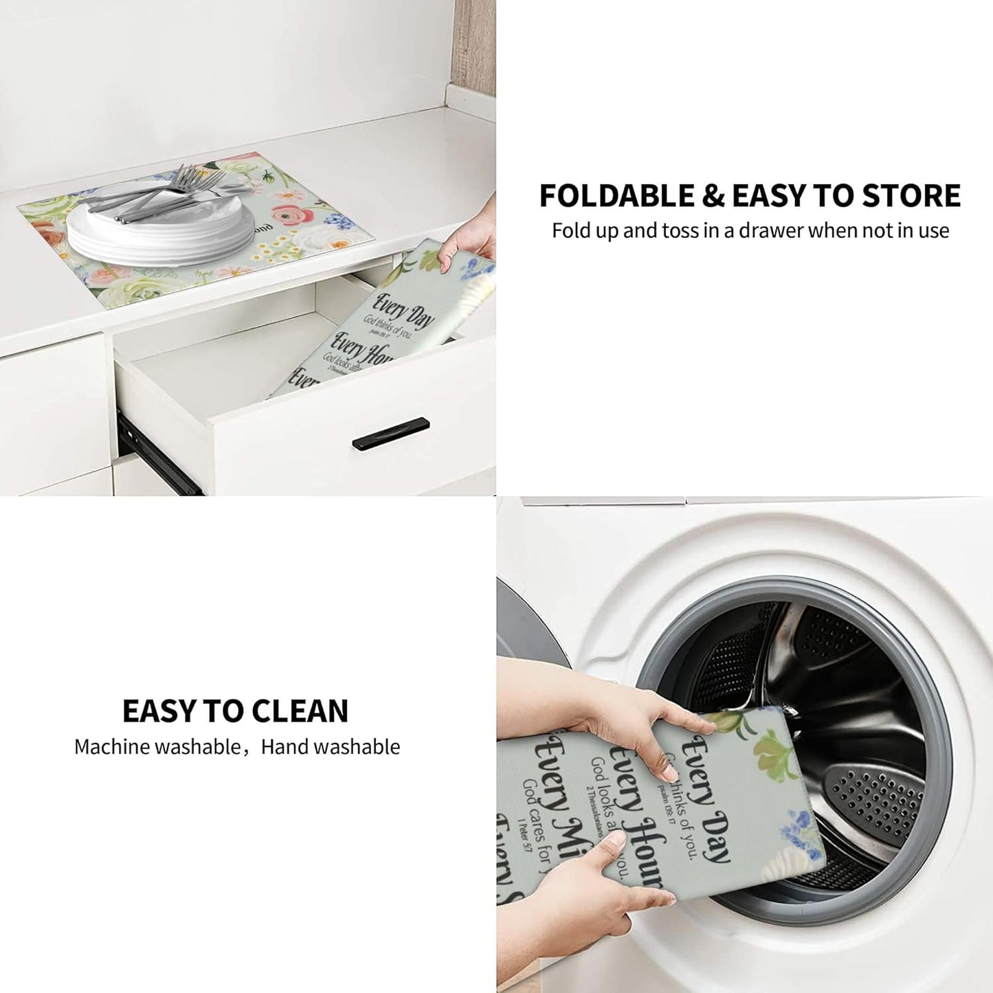 Vintage Country Watercolor Wildflowers Dish Drying Mat for Kitchen Counter, 16"x18" Microfiber Absorbent Fast Dry Mat, 2Pcs Dish Mat Faucet Mats Sets, Large Drying Kitchen Mat Kitchen Drying Pad