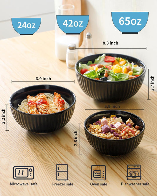Hasense Small Mixing Bowls of 3, Porcelain Ribbed Black Bowls 1.5/1/0.5 Qt For Kitchen, Cooking, Baking and Serving Prep Bowls for Salad, Pasta, Modern Kitchen Dish Dishwasher & Microwave Safe