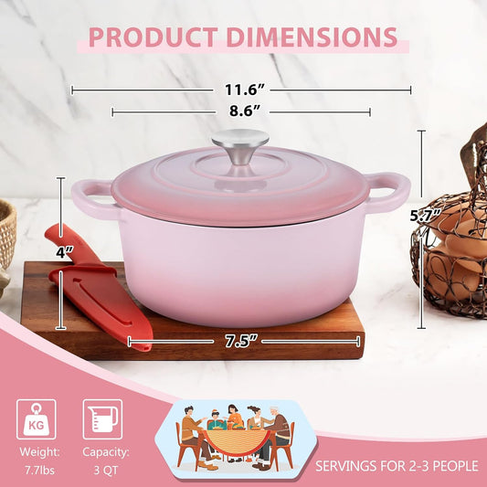 E-far 3 Qt Enameled Cast Iron Dutch Oven with Lid, Small Round Nonstick Dutch Oven Pot for Bread Baking Braising Stews Roasting Cooking, Heavy Duty, Induction & Oven Safe - Pink