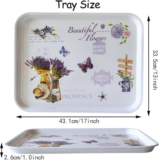 Large Serving Platter Melamine Trays 2 Pack Stackable Food Tray with Floral Print for Gift, Party, Decor, Home, Restaurant (Purple Lavender, Large)