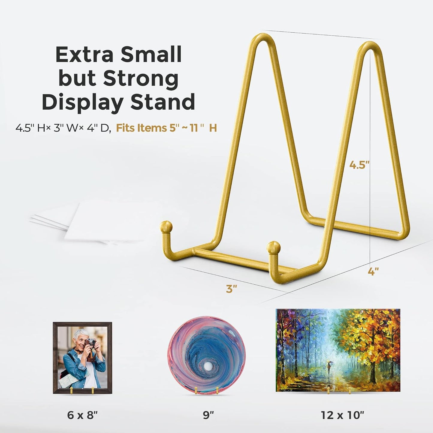 TR-LIFE Plate Display Stand - 4.5 Inch Holder + Metal Frame for Picture, Decorative Plate, Photo Easel, Tabletop Art (Gold 2 Pack)