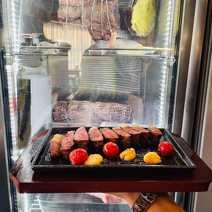 Cast Iron Steak Plate, Grill Pans, Sizzle Griddle with Wooden Base, Steak Pan, Griddle Grill Pan with handles (Plate with Base 6.7" x 4.4")