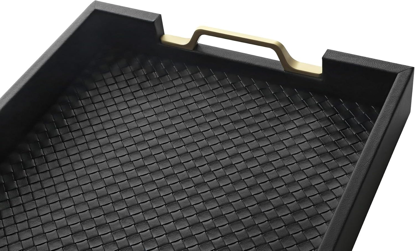 HofferRuffer Faux Leather Rectangle Serving Tray Decor Platter with Gold Metal Handles for Coffee Table, Breakfast, Tea, Food, Countertop, Kitchen, Butler Tray, 16.2 x 12.2 x 2 inches (Classic Black)