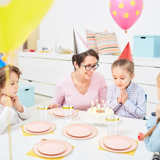 YOUBET 175PCS Pink Plastic Plates - Pink and Gold Disposable Plates Include 50 Plastic Plate, 75 Silverware, 25 Cups, 25 Napkins for Wedding & Party & Birthday