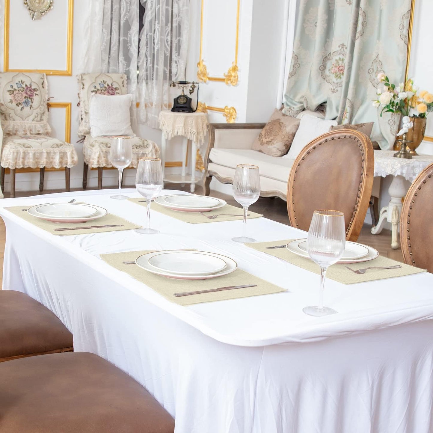 Cloth Placemats Set of 8, Linen Type Fabric Placemats Machine Washable Heat Resistant Placemats Wrinkle Free Thick Polyester Kitchen Place Mats for Dining Table (Beige)