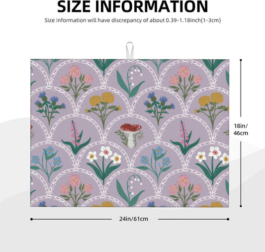 Vintage Flowers Dish Drying Mat 18x24 Inch, Microfiber Absorbent Fast Dry Mat Mushroom Floral Large Dish Mat Drying Kitchen Mat, Kitchen Drying Pad for Kitchen Counter Coffee Bar Decor Gifts