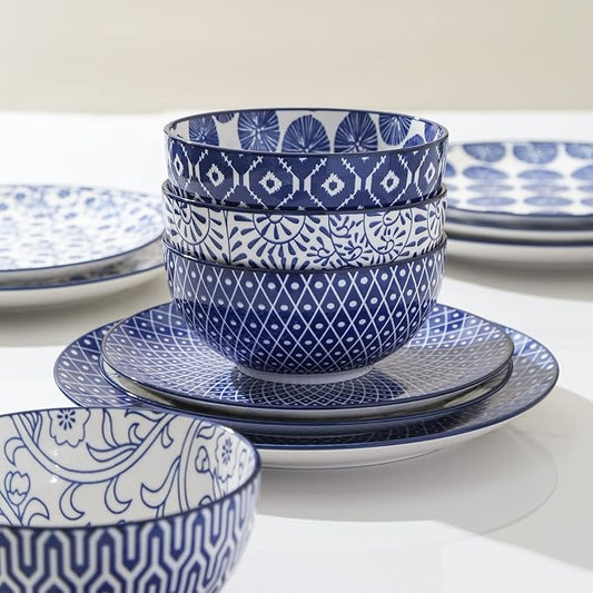 Selamica Ceramic Dinnerware Sets for 6, 18 Pieces Plates and Bowls Set, Scratch Resistant Dishes Set, Dishwasher&Microwave Safe, Vintage Blue