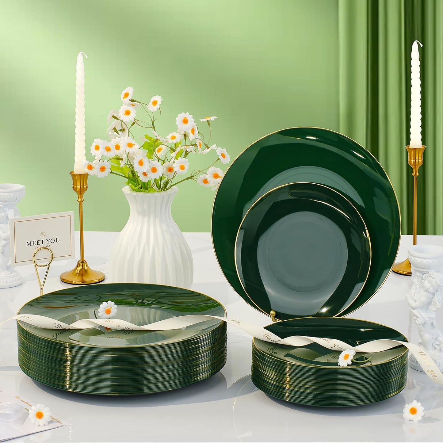 350 Pieces Green Gold Plastic Dinnerware Set, Gold Disposable Plates for Party, Include 100 Green Plates with 150 Plastic Cutlery, 50 Napkins and 50 Cups
