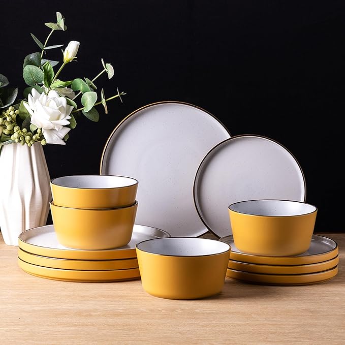 AmorArc Dinnerware Set for 4,12 Pieces Ceramic Plates and Bowls Set, Handcrafted Speckled Stoneware Tableware, Dishwasher & Microwave Safe Dishes - (Service for 4)