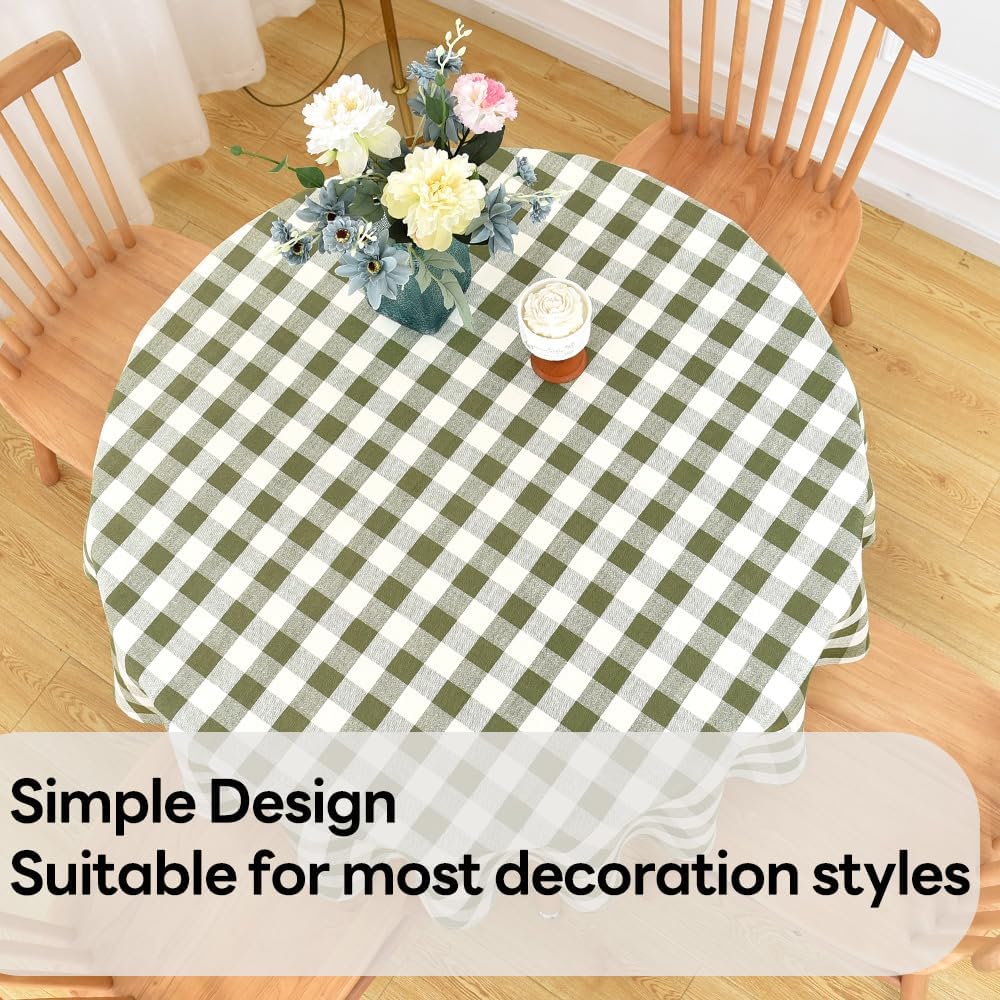 Gingham Round Tablecloth Table Cloth Heavy Duty Cotton Checkered Table Cloth Round Cover for Dining Room(R-Green, 53 inch Diameter)
