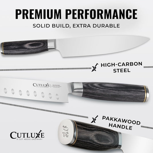 Cutluxe 3-Piece Chef Knife Set – Ultra Sharp Japanese Kitchen Knives, High Carbon Stainless Steel Blades, Full Tang Pakkawood Handles – Shinobi Series