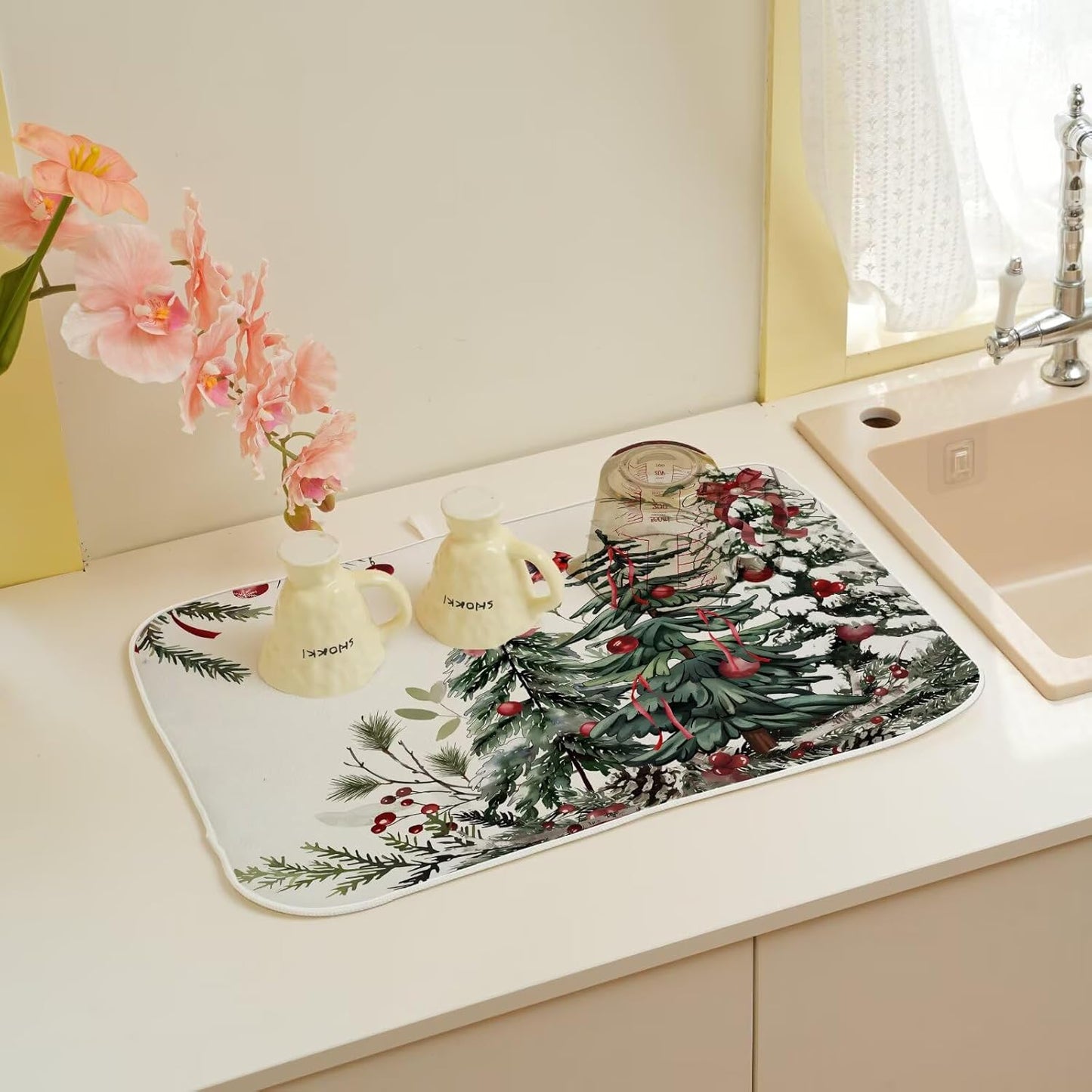 Christmas Dish Drying Mat 18 x 24 inch Winter Christmas Tree Pine Trees Decorative Drying Mats Microfiber Absorbent Xmas Decor Dish Washable Draining Mat for Kitchen Counter