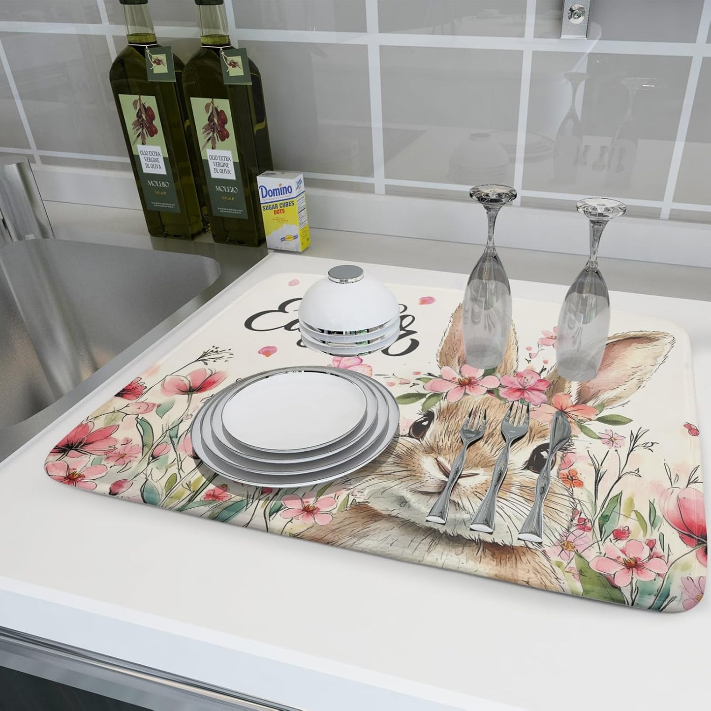 Happy Easter Dish Drying Mat 18x24 Inch,Cute Bunny Pink Flowers Festival Holiday Absorbent Microfiber Dishes Drainer Rack Pad for Kitchen Counter Sink Coffee Maker Bar Table Decor