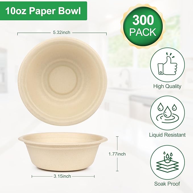 10 oz Paper Bowls Disposable, 300 Pack Small Paper Bowls Bulk, Heavy Duty Biodegradable Compostable Bowl Made Of Sugarcane, Microwave Safe, Eco-Friendly