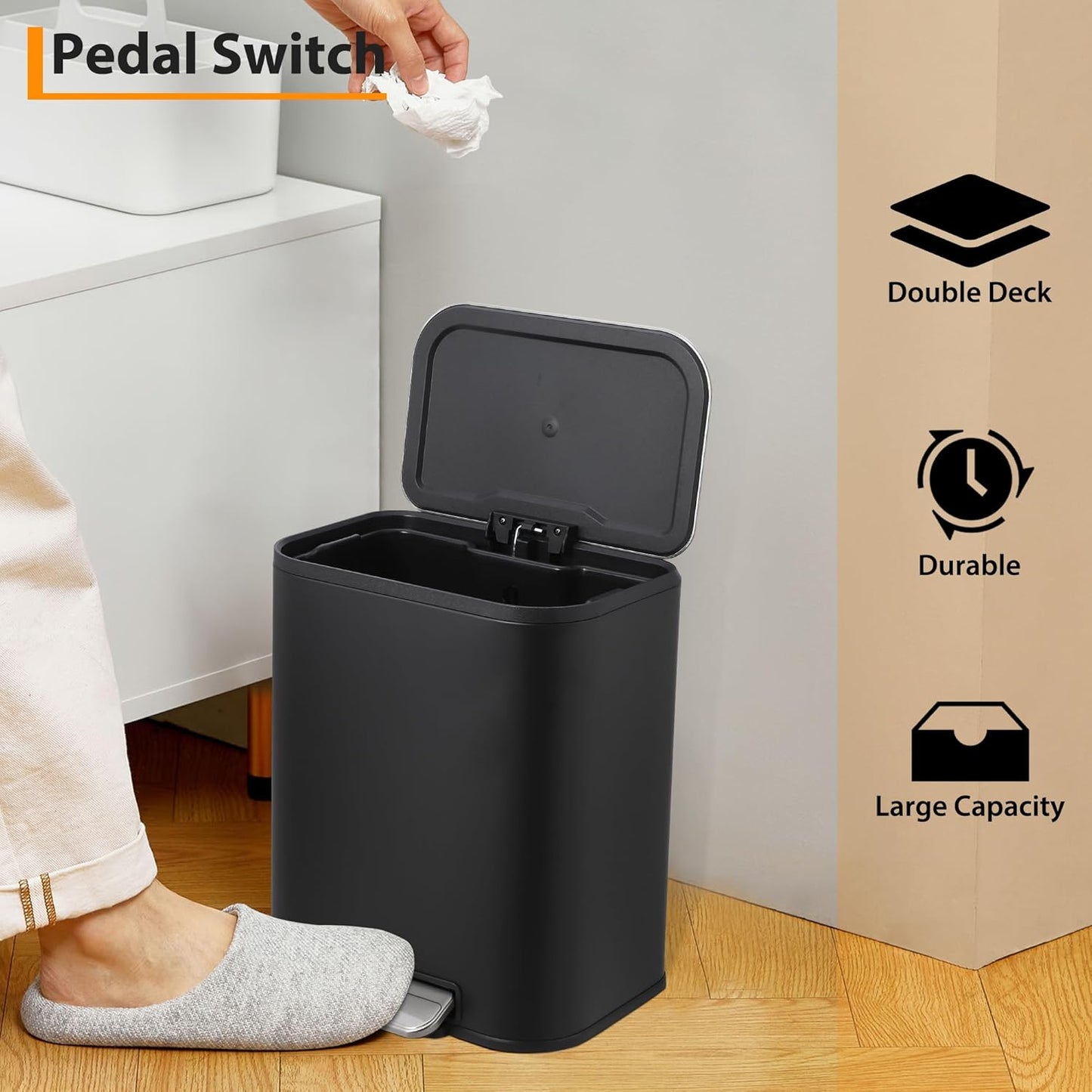 Bathroom Trash Can with Lid, 3.2 Gallon Stainless Steel Garbage Can with Step-On Pedal and Inner Bucket, Rectangular Trash Can for Kitchen Office Living Room Small Spaces (12 L, Black)