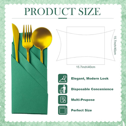 Qilery 50 Pcs Paper Linen Napkins Disposable Airlaid Paper Prefolded Dinner Napkins with Built in Flatware Pocket for Silverware Valentine Wedding Party Christmas Day (Lake Green)